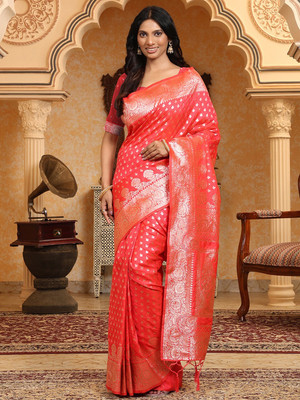 LeeliPeeri Designer Woven Banarasi Cotton Silk Saree(Red)