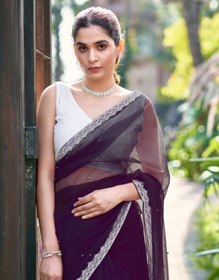 Samah Dyed, Embellished, Self Design Bollywood Net Saree(Purple)