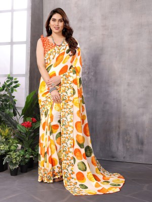 HouseOfCommon Polka Print Bollywood Georgette Saree(Cream, Orange, Yellow, Green)