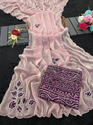 Elite Fashion Embroidered Bollywood Chiffon Saree(Pink, Purple)
