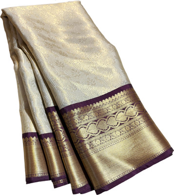 Akram Textiles Hub Woven Banarasi Cotton Silk, Art Silk Saree(Brown, White)