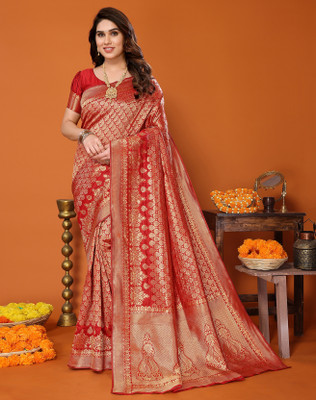 YASHIKA Printed Kanjivaram Silk Blend Saree(Red)