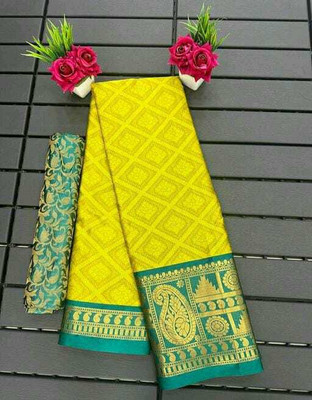 RUHKRUSH Woven Dharmavaram Cotton Silk Saree(Yellow, Light Green)