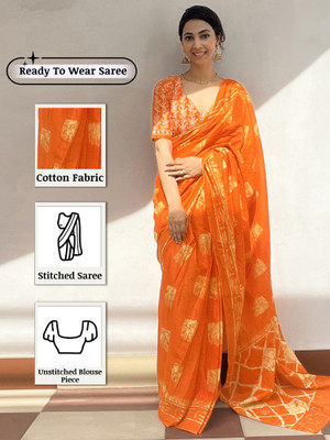 Sareemall Printed Hand Batik Cotton Blend Saree(Orange)