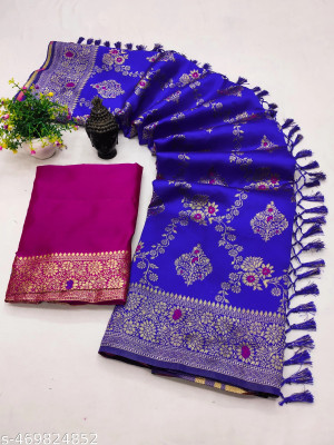 DEV SHREE SILK Woven Bollywood Jacquard Saree(Dark Blue, Pink)