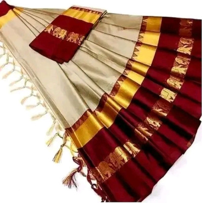 NST5 Woven Maheshwari Cotton Silk Saree(Cream, Maroon)