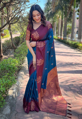 Madhav Creation Woven Banarasi Art Silk Saree(Dark Blue)