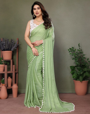Satrani Solid/Plain Bollywood Chiffon Saree(Green)