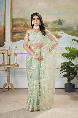 Tasrika Floral Print Daily Wear Net Saree(Beige)