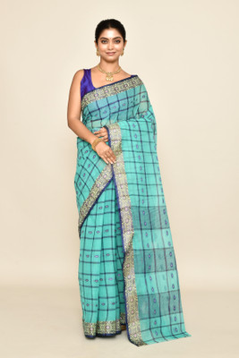 maa textile Self Design Tant Pure Cotton Saree(Blue)