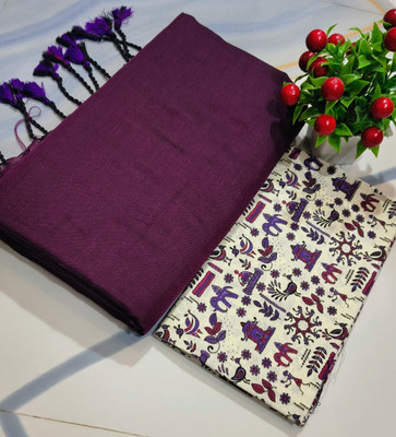 HouseOfCommon Solid/Plain Handloom Cotton Blend Saree(Pack of 2, Maroon)