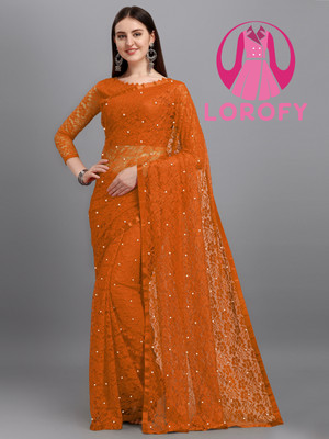 LOROFY Self Design Bollywood Net Saree(Orange)