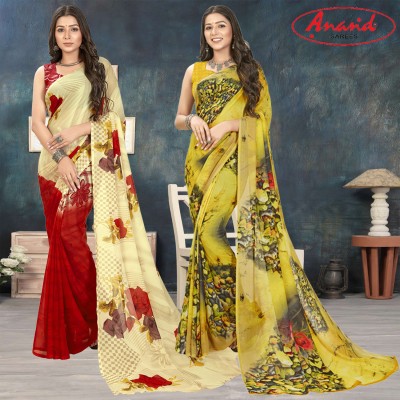 Anand Sarees Floral Print Daily Wear Georgette Saree(Pack of 2, Pink, Beige, Multicolor)