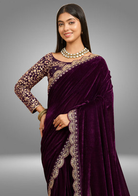 hutah Self Design, Embroidered, Woven Banarasi Cotton Blend, Velvet Saree(Purple)