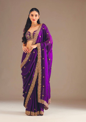 CLOTHFLY CREATION Embroidered Bollywood Velvet Saree(Purple)
