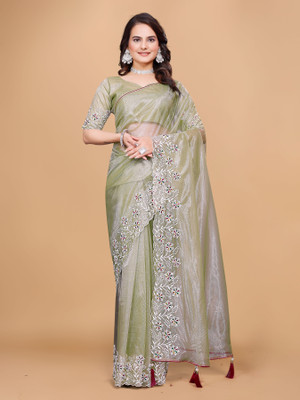 Tejal Creation Embroidered Bollywood Organza Saree(Green)