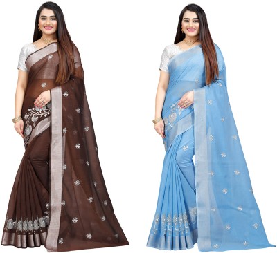 JS Clothing Mart Embroidered Daily Wear Cotton Silk Saree(Pack of 2, Brown, Light Blue)