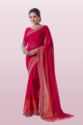 FAIRYPINK Embellished, Geometric Print, Solid/Plain, Self Design, Dyed Bollywood Georgette Saree(Red)