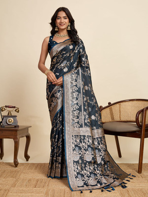 Upalksh Woven Handloom Jacquard, Silk Blend Saree(Dark Blue)