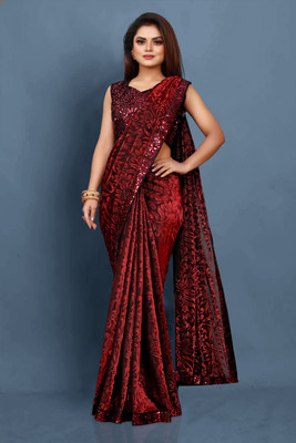 HouseOfCommon Embellished Bollywood Lycra Blend Saree(Maroon)