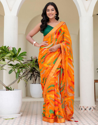 Samah Geometric Print, Floral Print Daily Wear Georgette, Chiffon Saree(Orange)