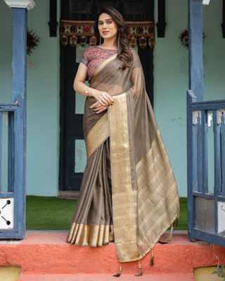 VISVASTA Solid/Plain Bollywood Chiffon, Jacquard Saree(Brown)