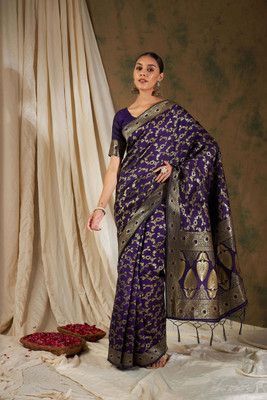 Divastri Self Design Banarasi Silk Blend Saree(Blue)