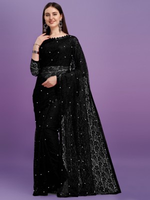 LOROFY Self Design Bollywood Net, Jacquard Saree(Black)