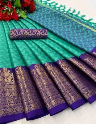 VRINDITA FASHION Woven Kanjivaram Cotton Silk Saree(Light Green)