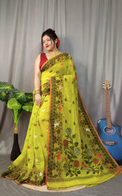 ANU INDIAN FASHION Woven Jamdani Cotton Silk Saree(Yellow, Black)