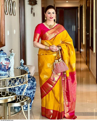 Spetila Woven Kanjivaram Silk Blend, Jacquard Saree(Yellow)