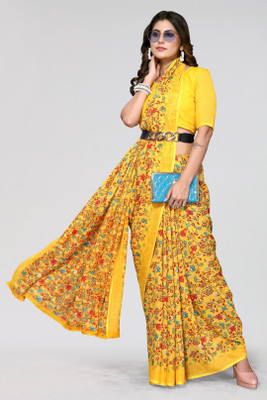 Nirvaan Floral Print Bollywood Georgette Saree(Yellow)