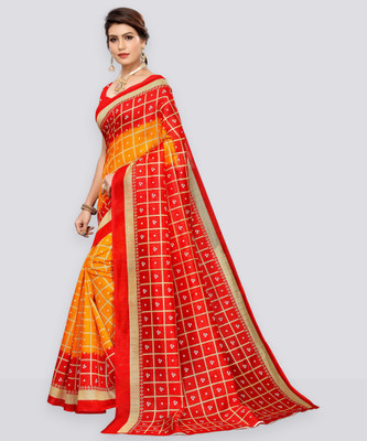 Samah Printed Bandhani Cotton Silk Saree(Red, Yellow)