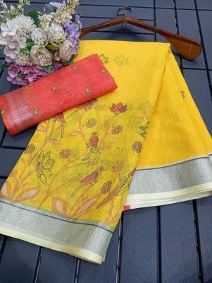 Mervadiya Digital Print Bollywood Linen, Cotton Linen Saree(Yellow)