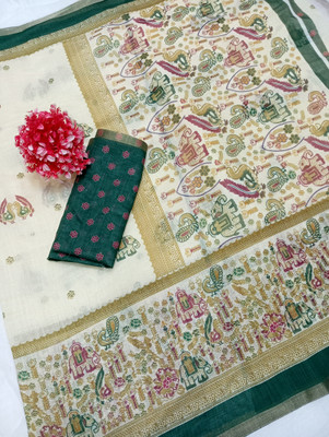 Gajal Printed Kanjivaram Linen, Cotton Linen Saree(Green)