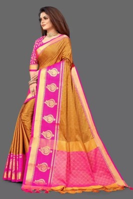 WILLMAKE Woven Banarasi Jacquard Saree(Yellow, Pink)