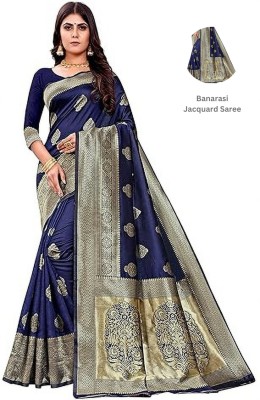 GINNYPRINTS Floral Print, Self Design, Embellished, Woven, Applique Kanjivaram Jacquard, Pure Silk Saree(Dark Blue)