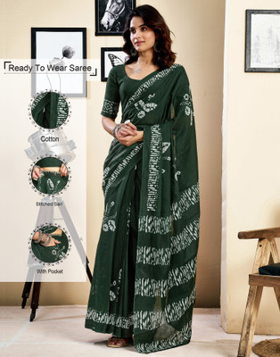 Samah Floral Print, Geometric Print, Printed Daily Wear Pure Cotton Saree(Dark Green, White)