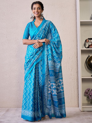 Tasrika Printed Pochampally Cotton Blend Saree(Light Blue)