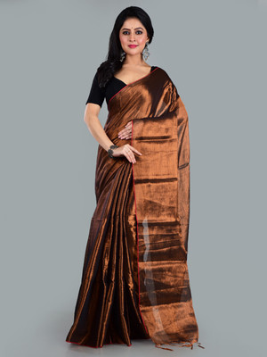 Shaw Creation Solid/Plain Handloom Handloom Tissue Saree(Brown)