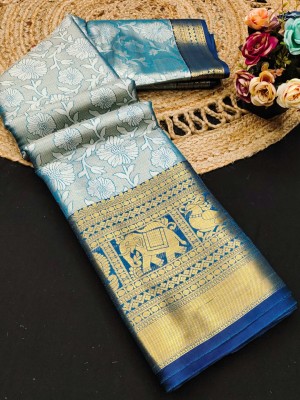 valida Embellished, Woven Kanjivaram Jacquard, Pure Silk Saree(Light Blue)