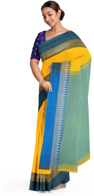 Happy Creation Woven Daily Wear Handloom Pure Cotton Saree(Blue, Yellow)