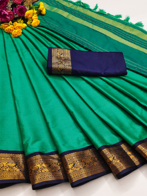 Fashion Club Collection Solid/Plain, Woven, Floral Print Bollywood Cotton Silk Saree(Green)