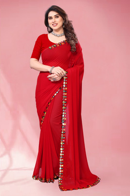 Herink Fashion Solid/Plain Bollywood Georgette Saree(Red)