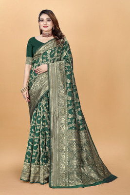 signagraph Woven, Embroidered Banarasi Pure Silk, Jacquard Saree(Dark Green)