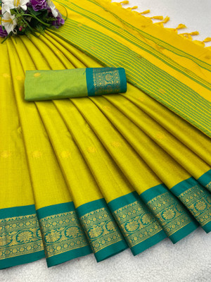 KanjiQueen Woven Kanjivaram Pure Silk, Cotton Blend Saree(Light Green, Light Blue)