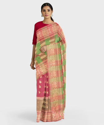 PuJoy Woven Daily Wear Pure Silk, Pure Cotton Saree(Red, Green)