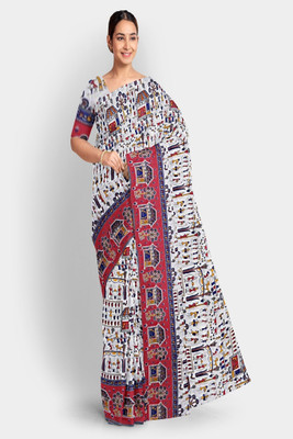 PRIDE SALES Printed Handloom Cotton Jute Saree(White)