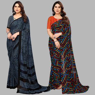 kashvi sarees Self Design, Printed Daily Wear Georgette Saree(Pack of 2, Light Blue, Black, Multicolor)