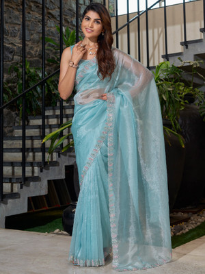 Sareemall Embellished Bollywood Organza Saree(Light Blue)